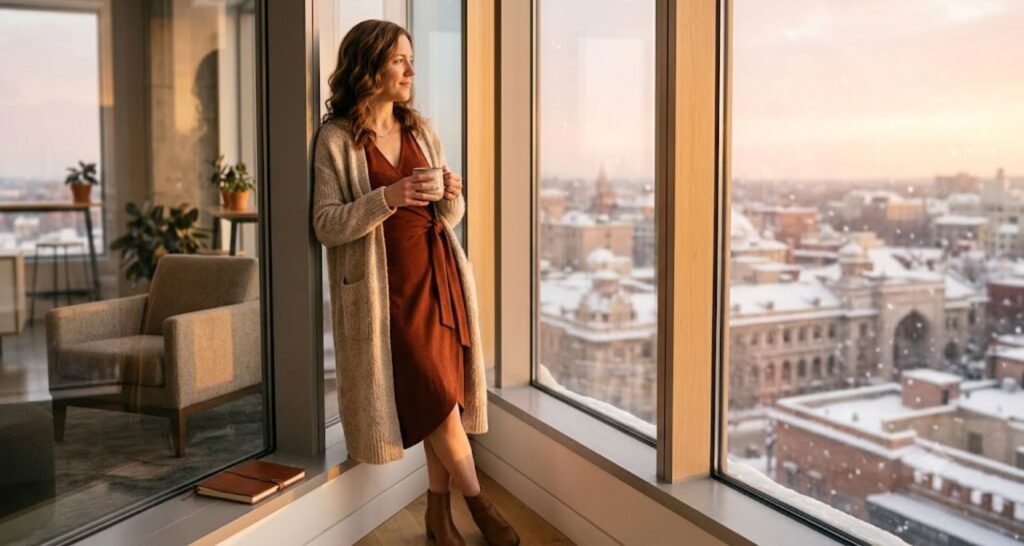 Rust wrap dress styled with an open longline oatmeal cardigan for a cozy office look