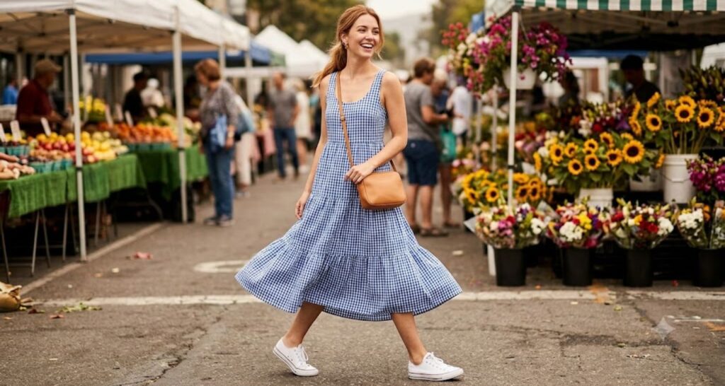 Gingham flowy midi dress styled with white sneakers and a crossbody bag at a farmers market.