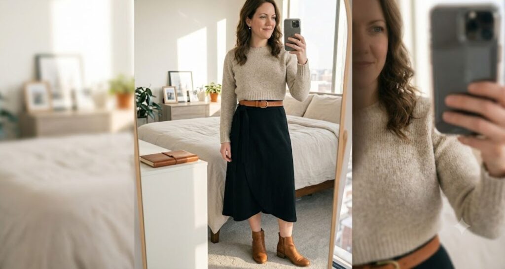 Cropped sweater layered over a wrap dress to style it as a skirt for the office.