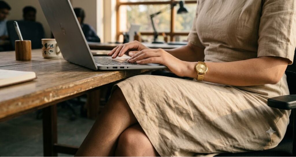 Natural creasing on a sand linen dress worn at an office desk in summer