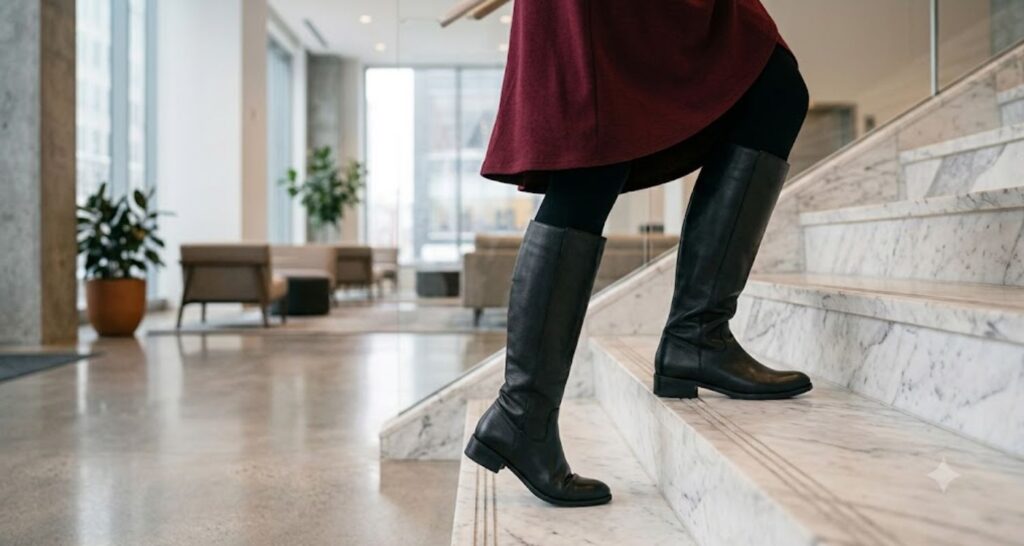 Black fleece-lined tights and knee-high boots worn under a midi wrap dress in winter