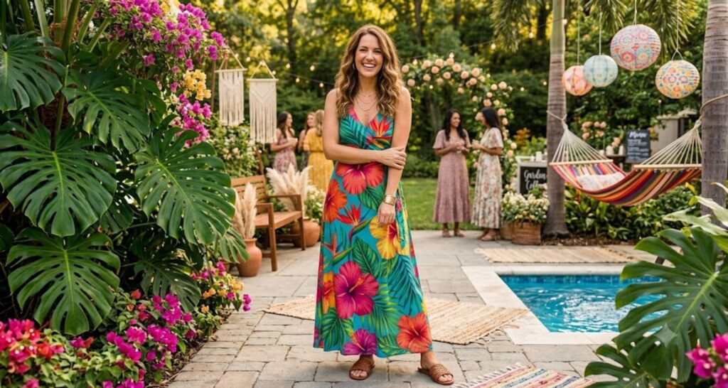 Tropical floral maxi dress at outdoor summer