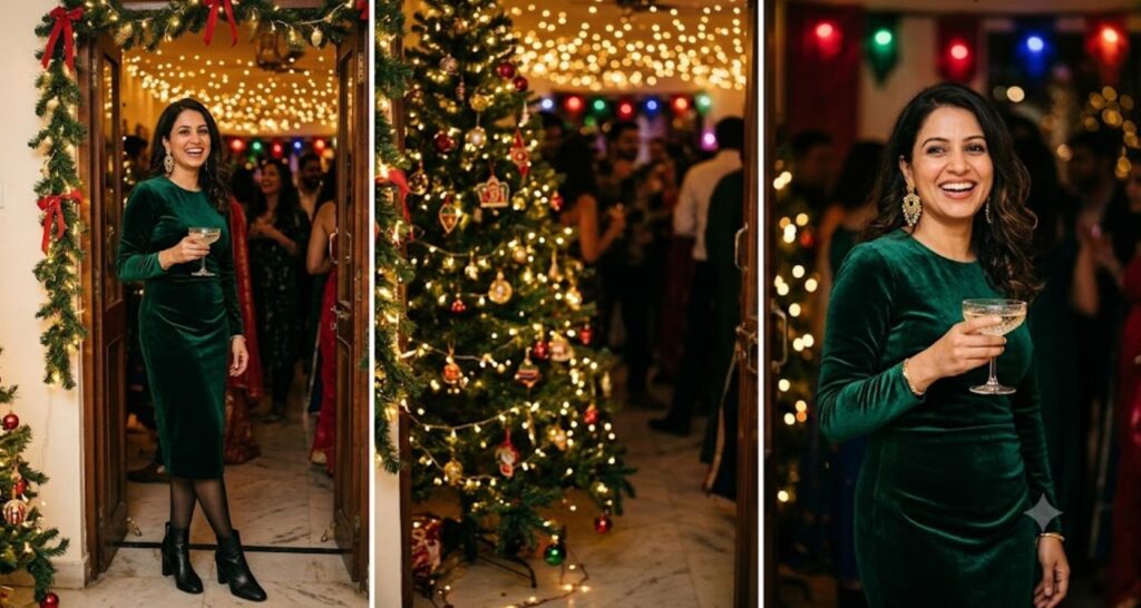 Velvet Dress wih Heeled Boots for the Holidays