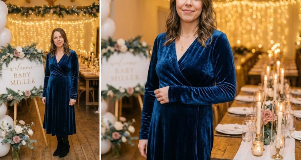 Velvet dress for winter baby shower — rich emerald fabric catching warm candlelight at indoor venue