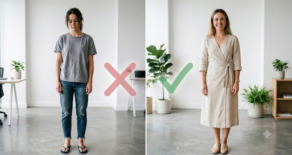casual vs polished casual work outfit comparison for a hot office