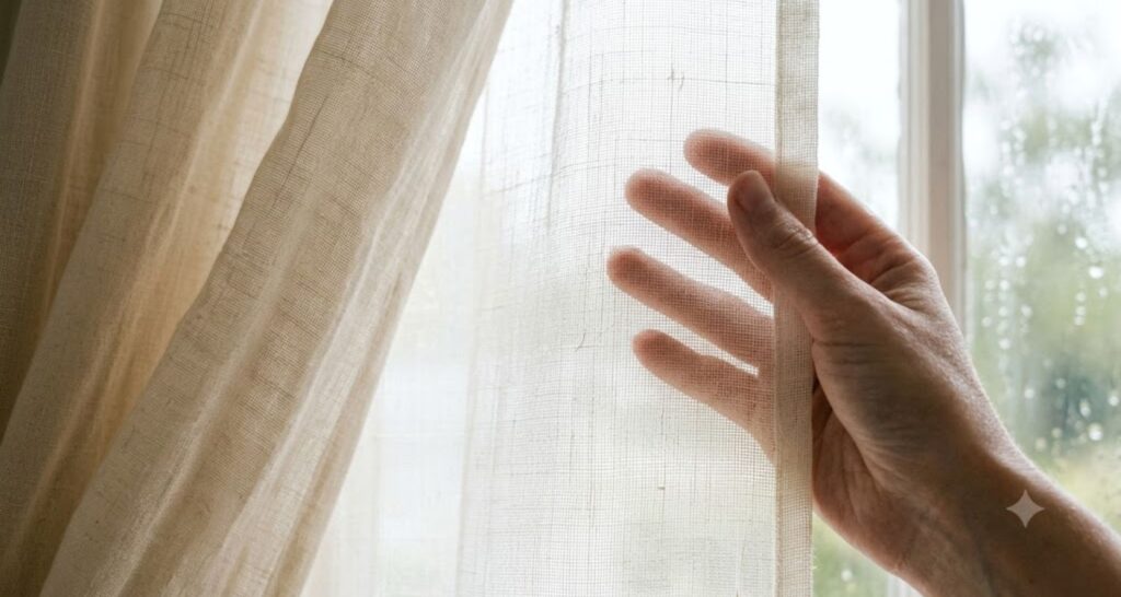 Hand holding sheer lightweight fabric to the light to test breathability