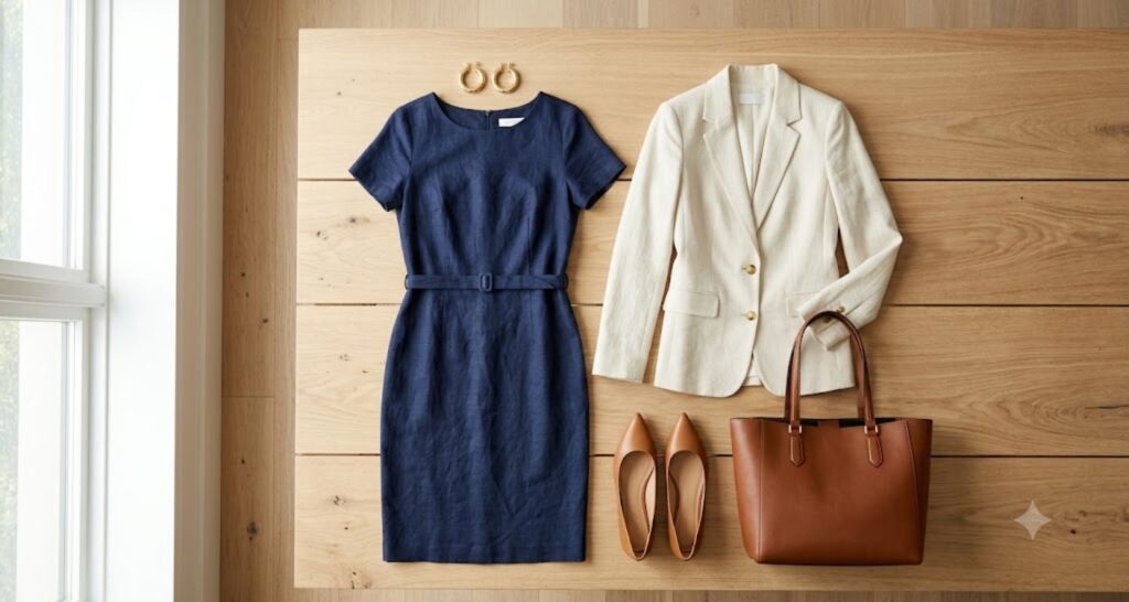Flat lay of a navy linen work dress with blazer, flats, and leather tote for a summer office outfit