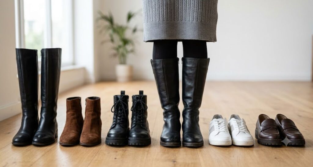 Row of winter boots and shoes lined up beside the hem of a knit dress