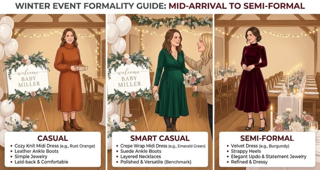 Winter baby shower outfit formality guide — casual knit midi, smart casual wrap, and semi-formal velvet dress