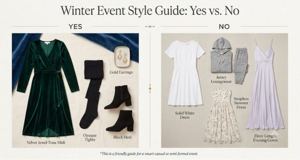 What not to wear — yes vs no comparison of dress choices and styling mistakes