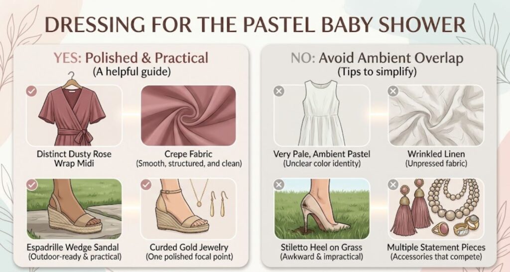 What to avoid with pastel dress for baby shower guest — yes vs no comparison of colors, fabrics, and styling