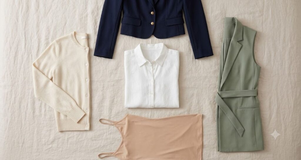 Layering pieces for a white linen work dress: slip, blazer, cardigan, and sleeveless vest