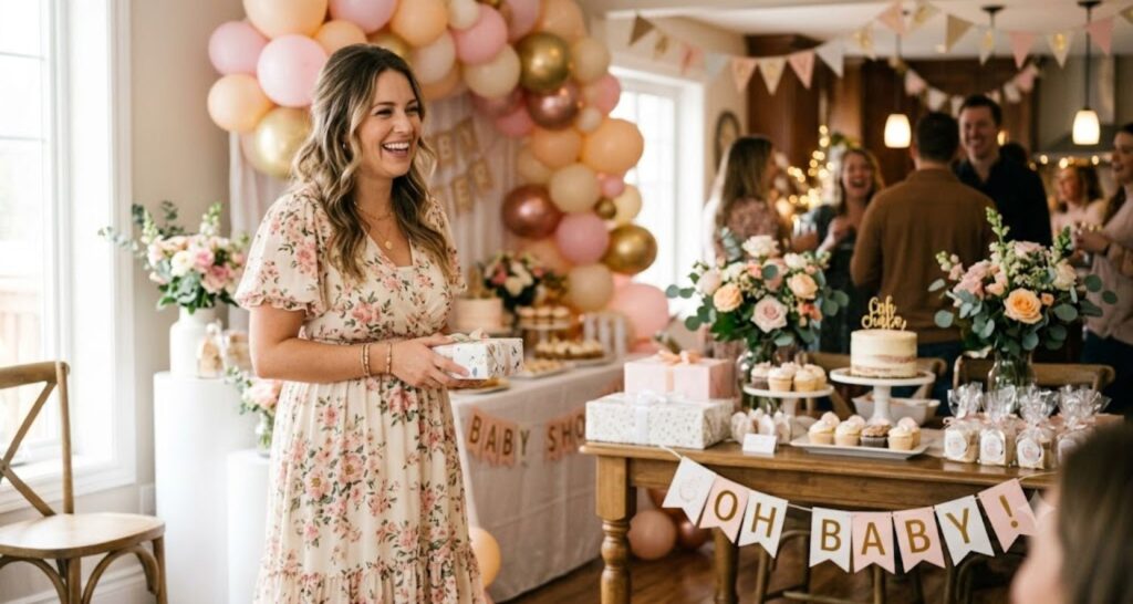 Woman in floral midi dress at baby shower — what to wear to a baby shower as a guest