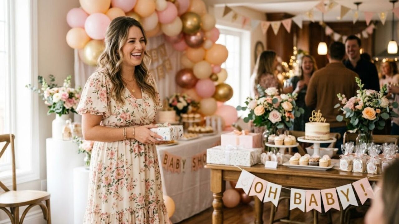 Woman in floral midi dress at baby shower — what to wear to a baby shower as a guest