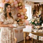 Woman in floral midi dress at baby shower — what to wear to a baby shower as a guest