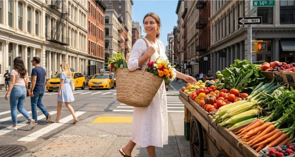 White linen midi dress with woven straw tote at a summer farmers market