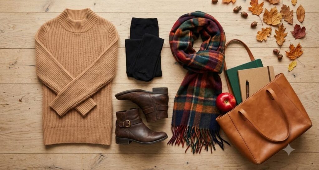 Flat lay of fall teacher outfit with camel sweater dress, tights, ankle boots, and plaid scarf