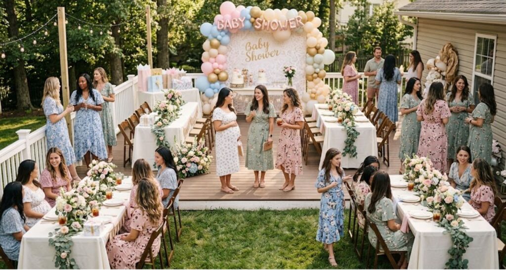 Guests in floral dresses at a pastel-decorated baby shower venue with fresh flowers and soft natural light
