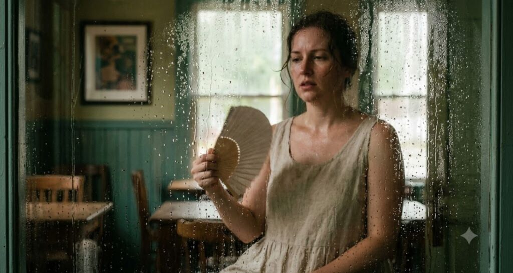 Foggy window on a humid summer day showing why humidity feels hotter than dry heat.