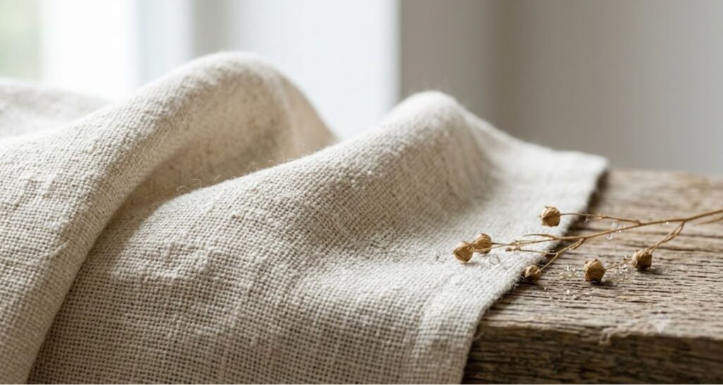 Close-up of breathable natural linen fabric texture in summer sunlight