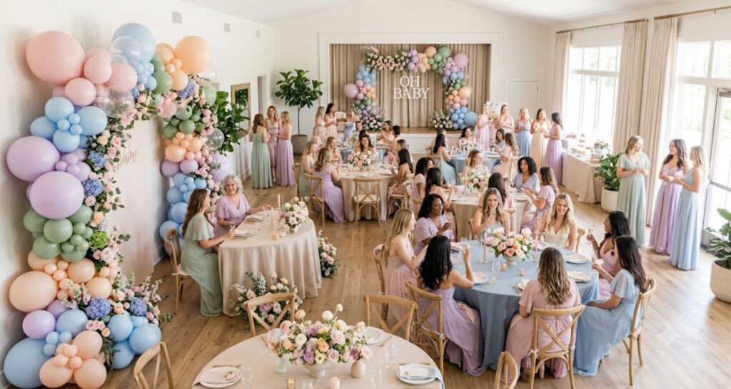 Guests in pastel dresses at baby shower — soft balloon arch and fresh floral decor in warm natural light