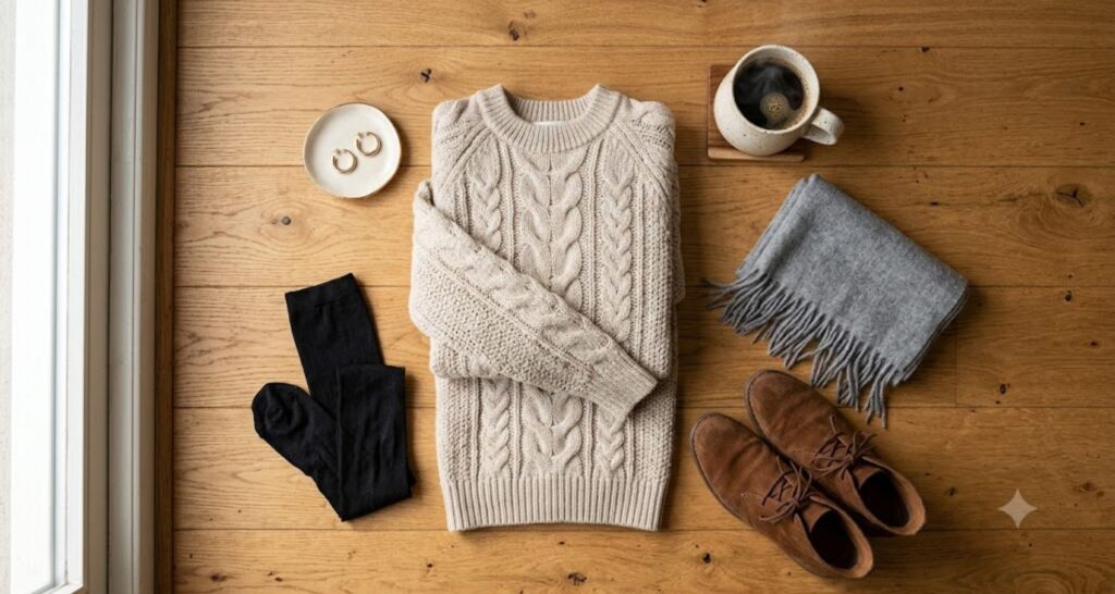 Flat lay of a knitted sweater dress with boots, scarf, and coffee on a wooden floor