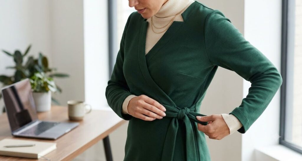 Close-up of hands tying the adjustable waist of a wrap dress over a turtleneck base layer.