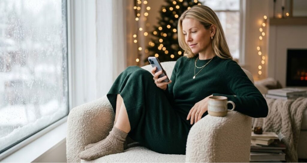 Woman in a sweater dress holding a phone and coffee, thinking