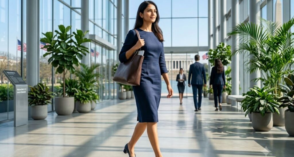 Navy linen sheath dress with block heels as a summer office outfit