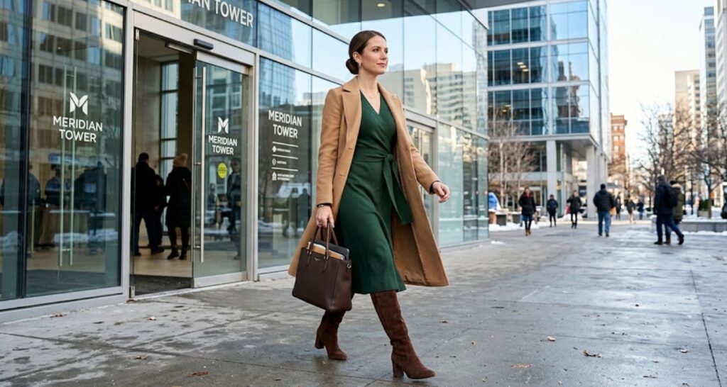 Wrap Dress with Knee-High Suede Boots