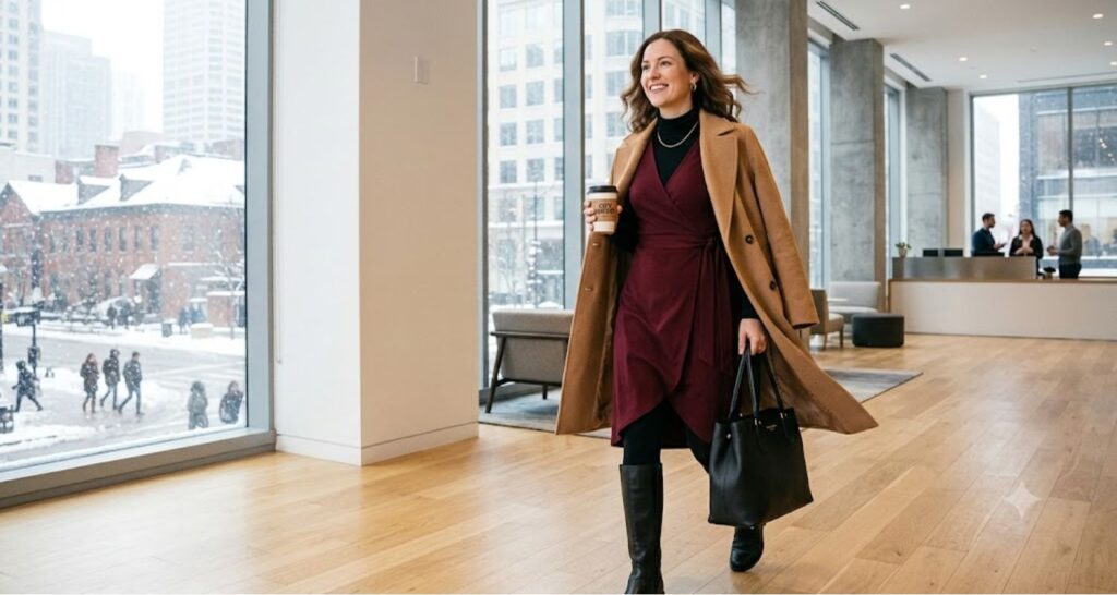 Professional woman in a burgundy wrap dress layered with a turtleneck, tights, boots, and camel coat for the office in winter.