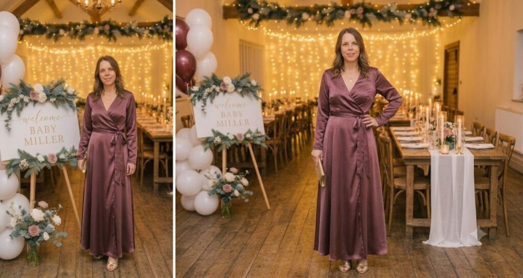 Wrap dress for winter baby shower — dusty mauve satin-finish fabric in warm indoor lighting