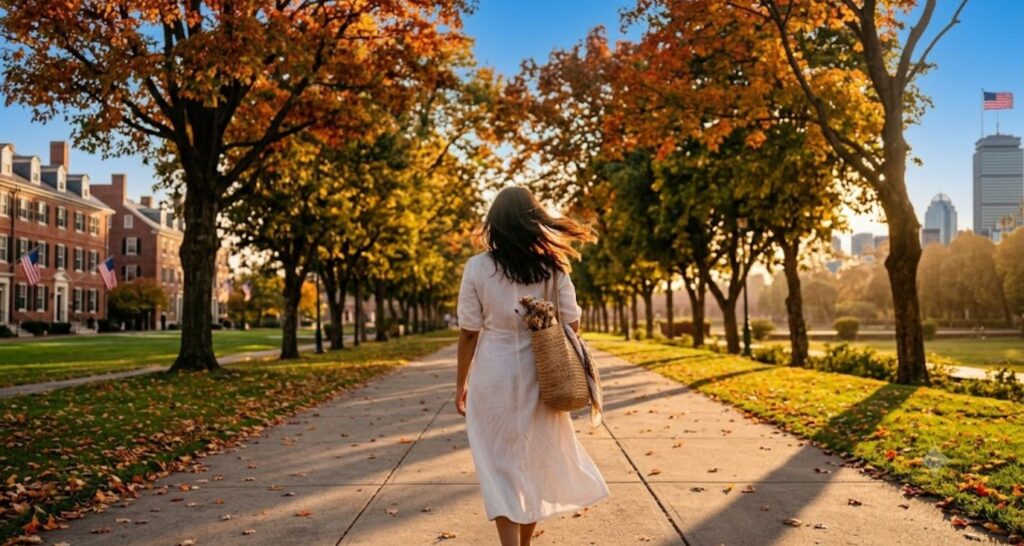 Woman walking away down a sunny street in a linen dress, carefree summer mood