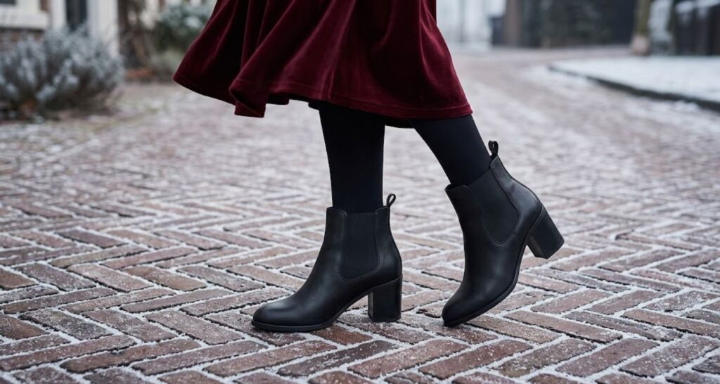 Ankle boots paired with matching black tights under a burgundy midi dress