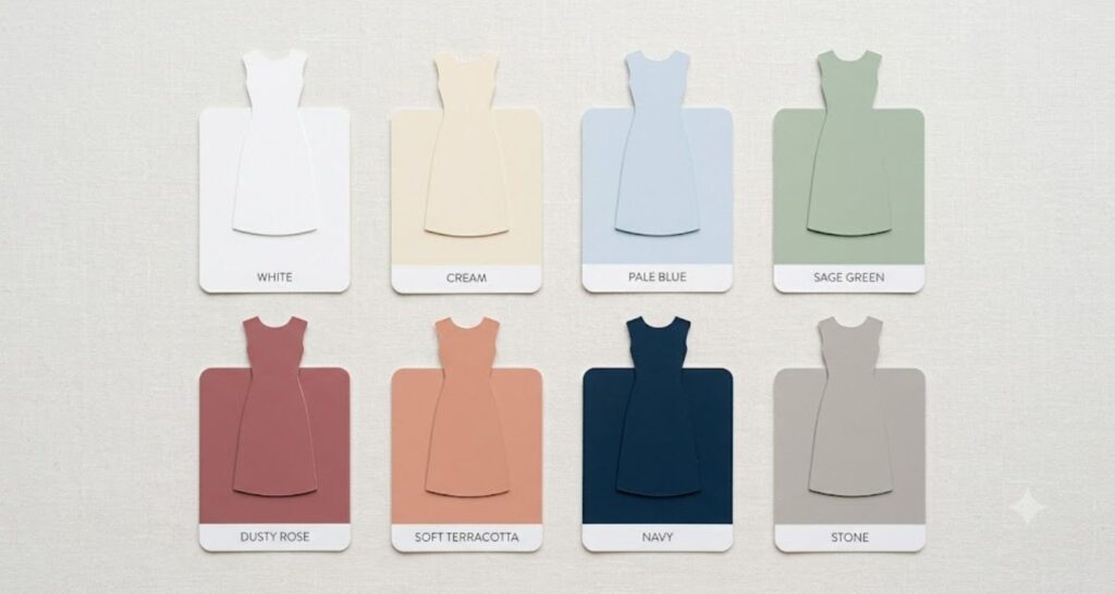 summer color palette for casual work dress in a hot office showing neutrals and muted tones