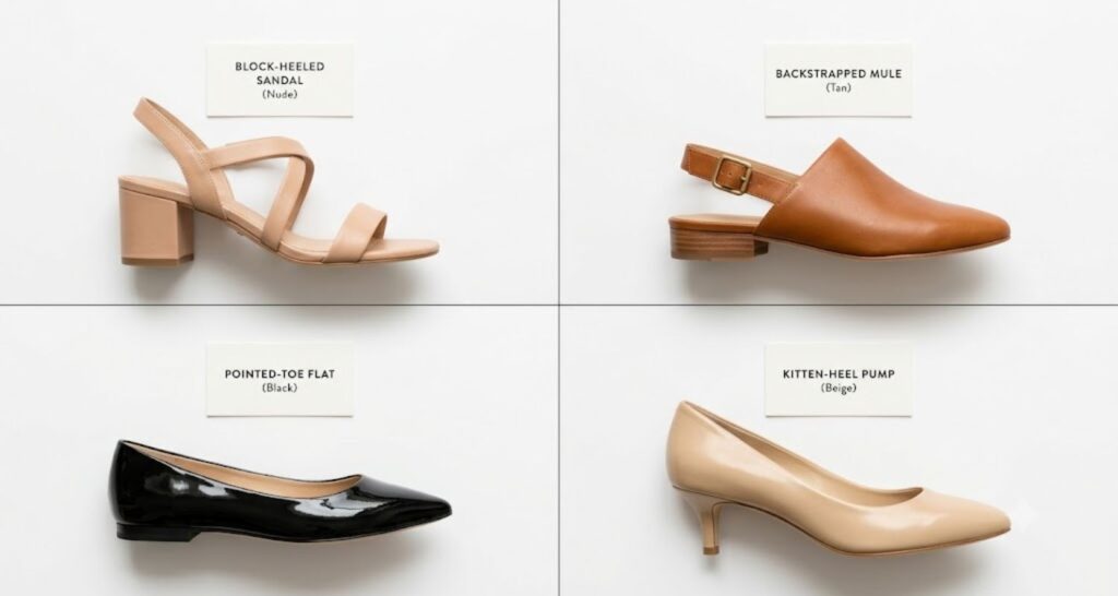 four best shoe styles to wear with a work dress in a hot office including sandals mules and flats