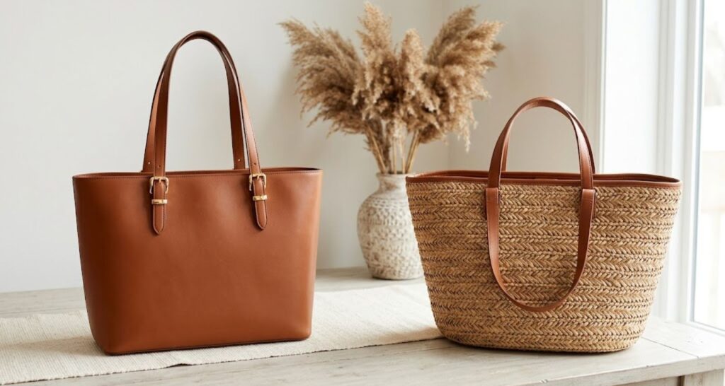 leather tote and woven straw bag options for casual work dress in a hot office summer