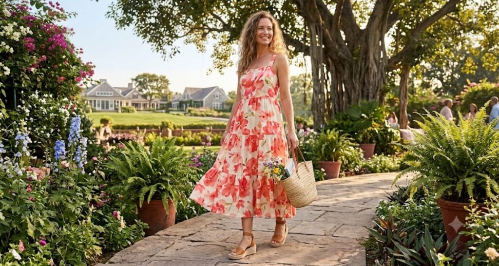 Summer baby shower guest outfit — sundress and flat sandals