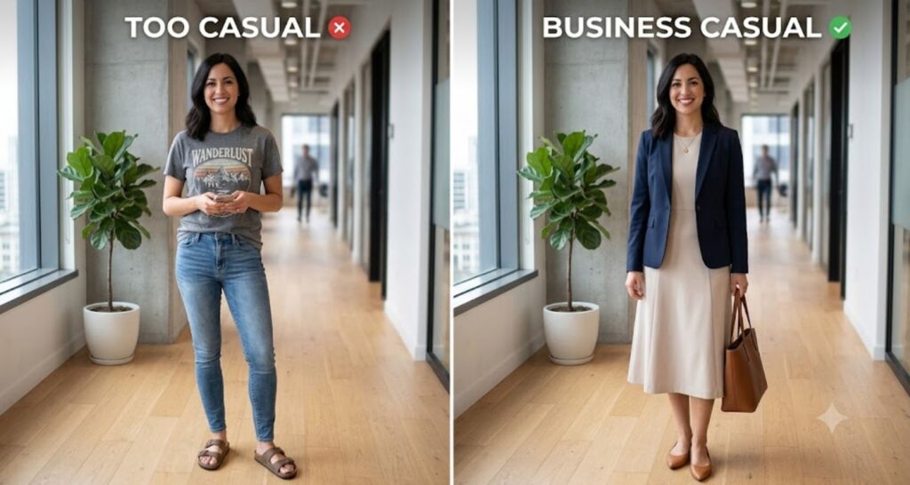 business casual vs too casual work outfit comparison for women in a modern office