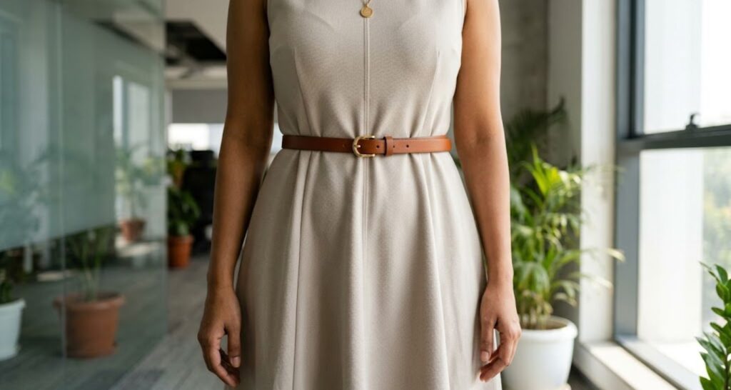 close up of slim cognac leather belt cinched at waist