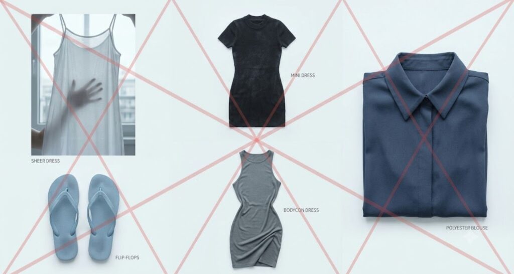 clothing items to avoid wearing to a hot office including sheer fabrics mini dresses and flip-flops