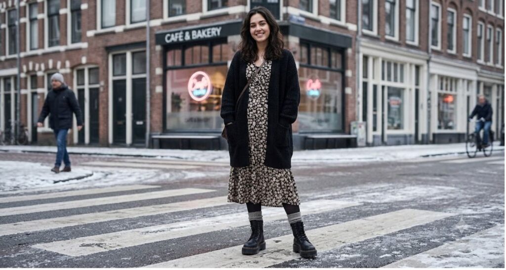 Chunky combat boots styled with a floral midi dress and cardigan in winter