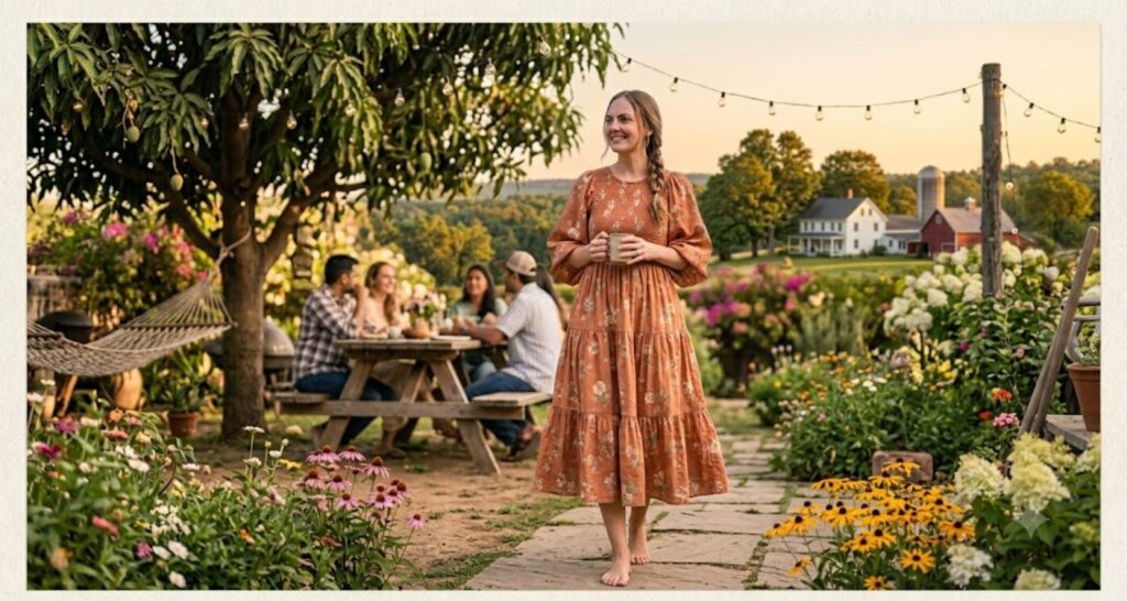 Cotton linen blend midi dress for casual spring baby shower — relaxed fabric in soft floral print
