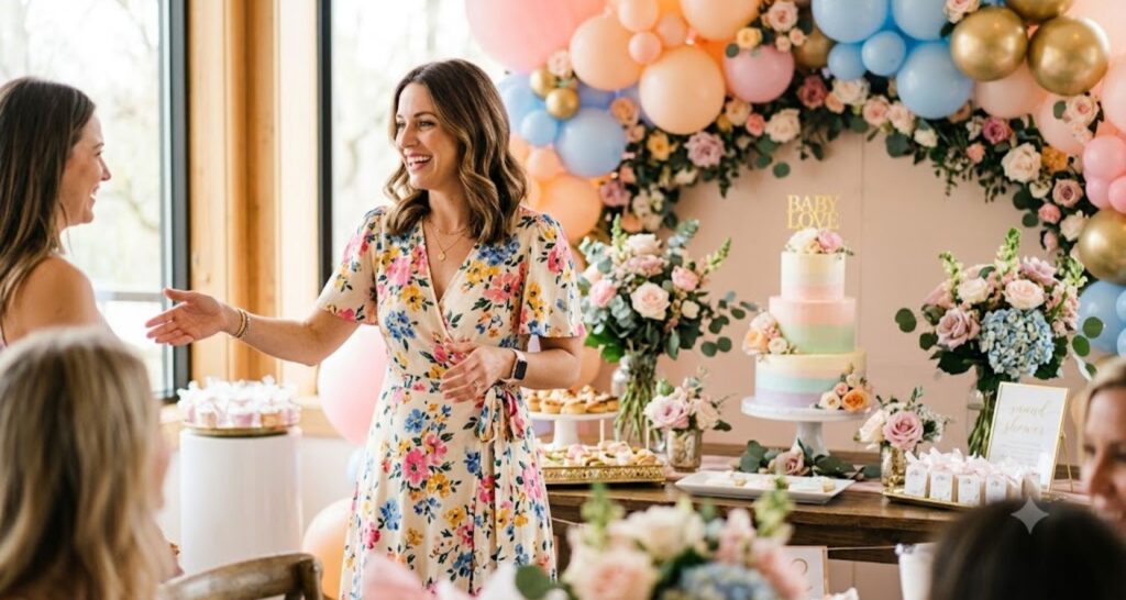 Midi wrap dress for baby shower host in floral chiffon