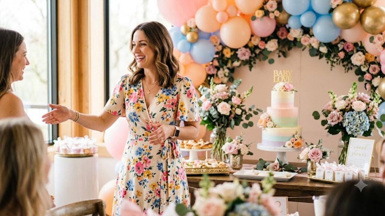 Midi wrap dress for baby shower host in floral chiffon