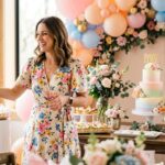 Midi wrap dress for baby shower host in floral chiffon
