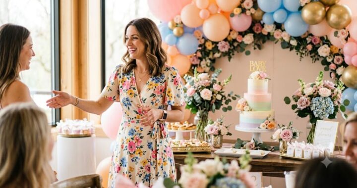Midi wrap dress for baby shower host in floral chiffon