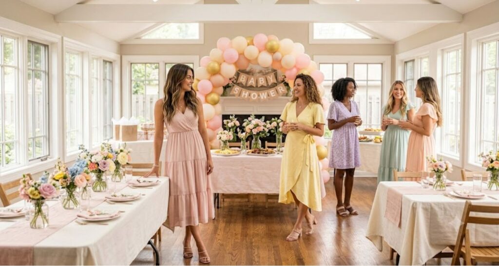 Light background floral dresses for baby shower — blush, pale yellow, and mint tones in pastel setting
