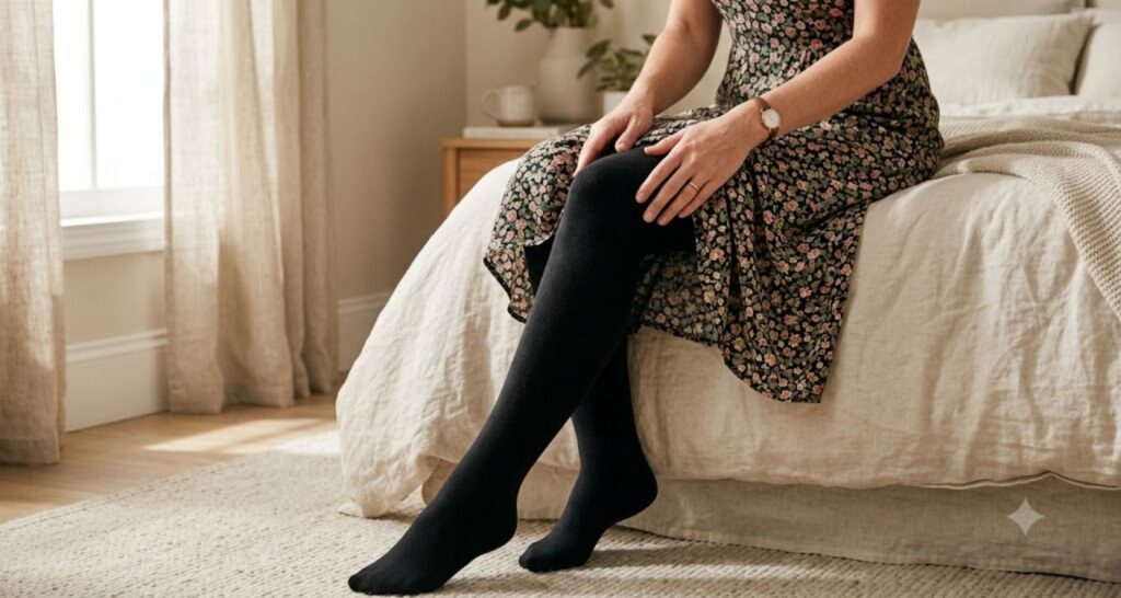 Close-up of fleece-lined black tights worn under a midi dress for winter warmth