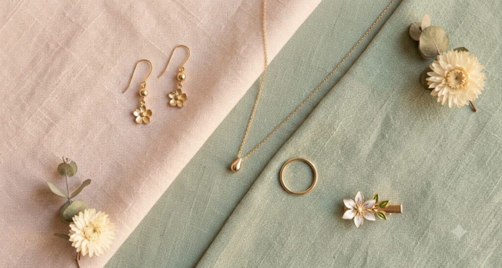 Accessories — gold drop earrings, thin necklace, ring, and floral hair clip flat lay
